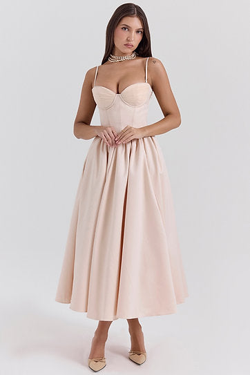 Viana — Vestido midi en conjunto: corset y falda con bolsillos