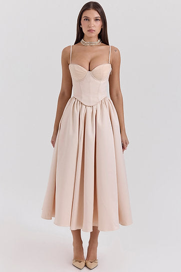 Viana — Vestido midi en conjunto: corset y falda con bolsillos