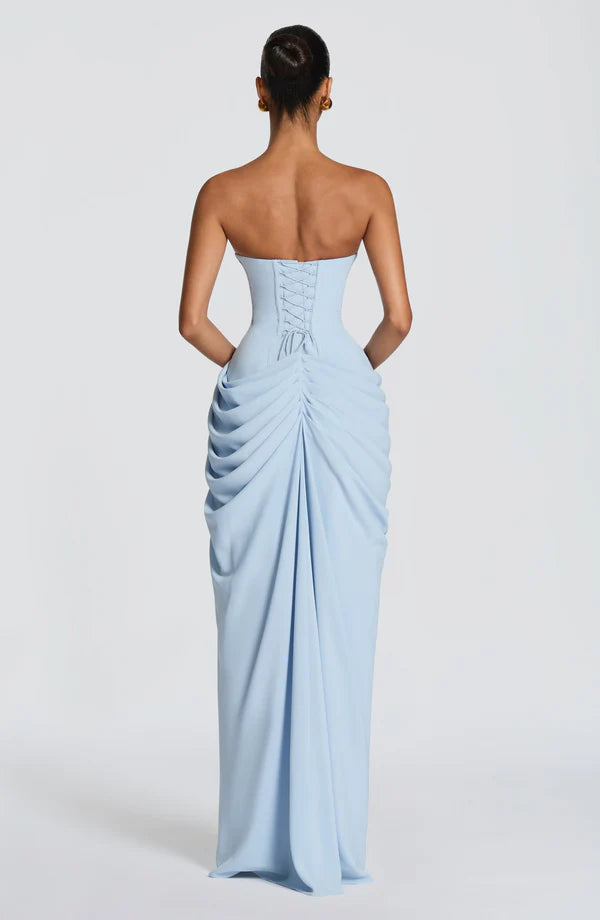 Georgiana — Vestido maxi corset strapless con abertura