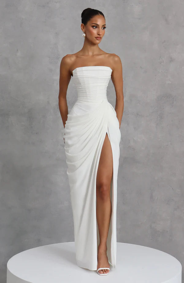 Georgiana — Vestido maxi corset strapless con abertura