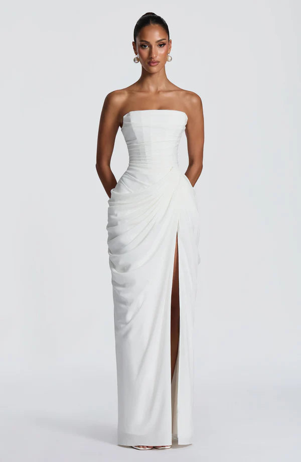 Georgiana — Vestido maxi corset strapless con abertura
