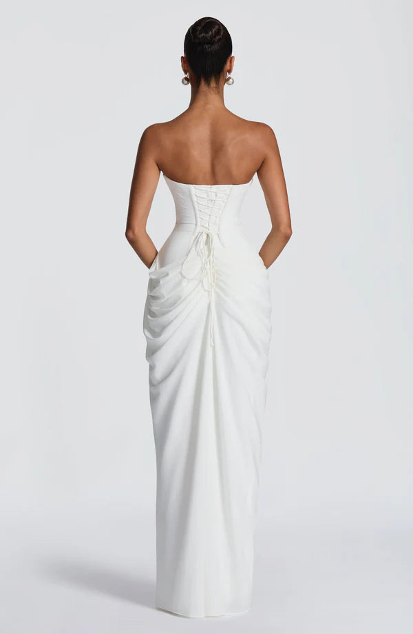 Georgiana — Vestido maxi corset strapless con abertura