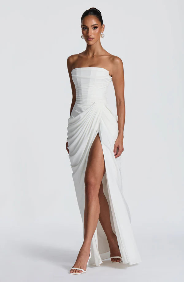 Georgiana — Vestido maxi corset strapless con abertura