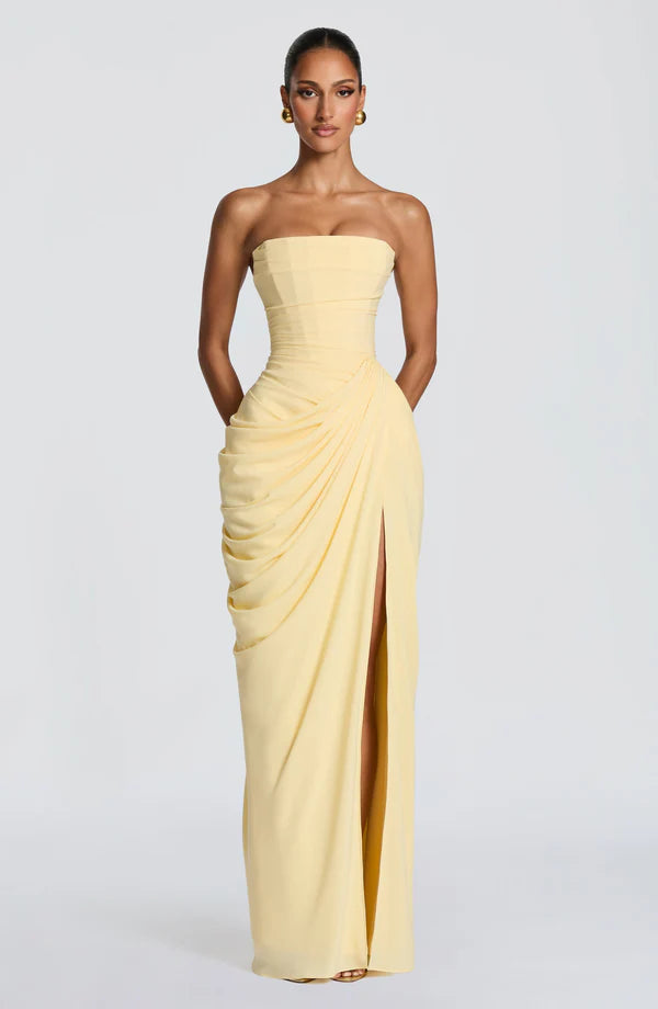 Georgiana — Vestido maxi corset strapless con abertura