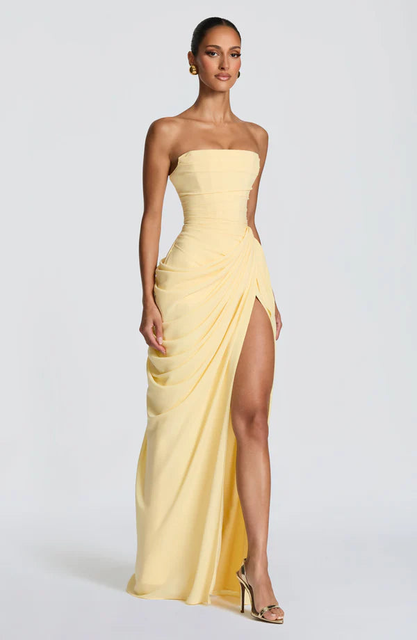 Georgiana — Vestido maxi corset strapless con abertura