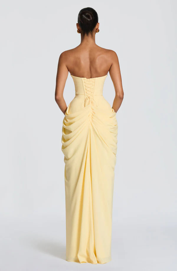 Georgiana — Vestido maxi corset strapless con abertura