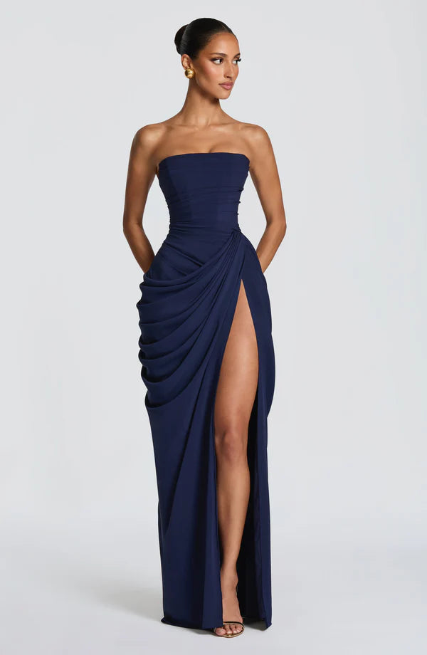 Georgiana — Vestido maxi corset strapless con abertura