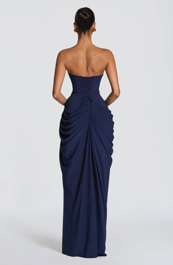 Georgiana — Vestido maxi corset strapless con abertura